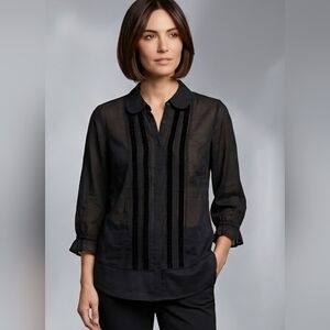 GAP Black Sheer Button-Front Blouse with Velvet Pintuck Detail